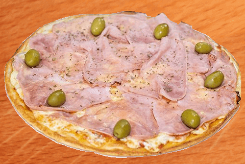 pizza a la piedra artesanal de mozzarella con jamón y aceitunas verdes
